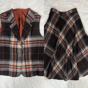 Vintage Plaid Two Piece Set | Vest & Skirt | Brown Plaid Wool Blend | Size 9